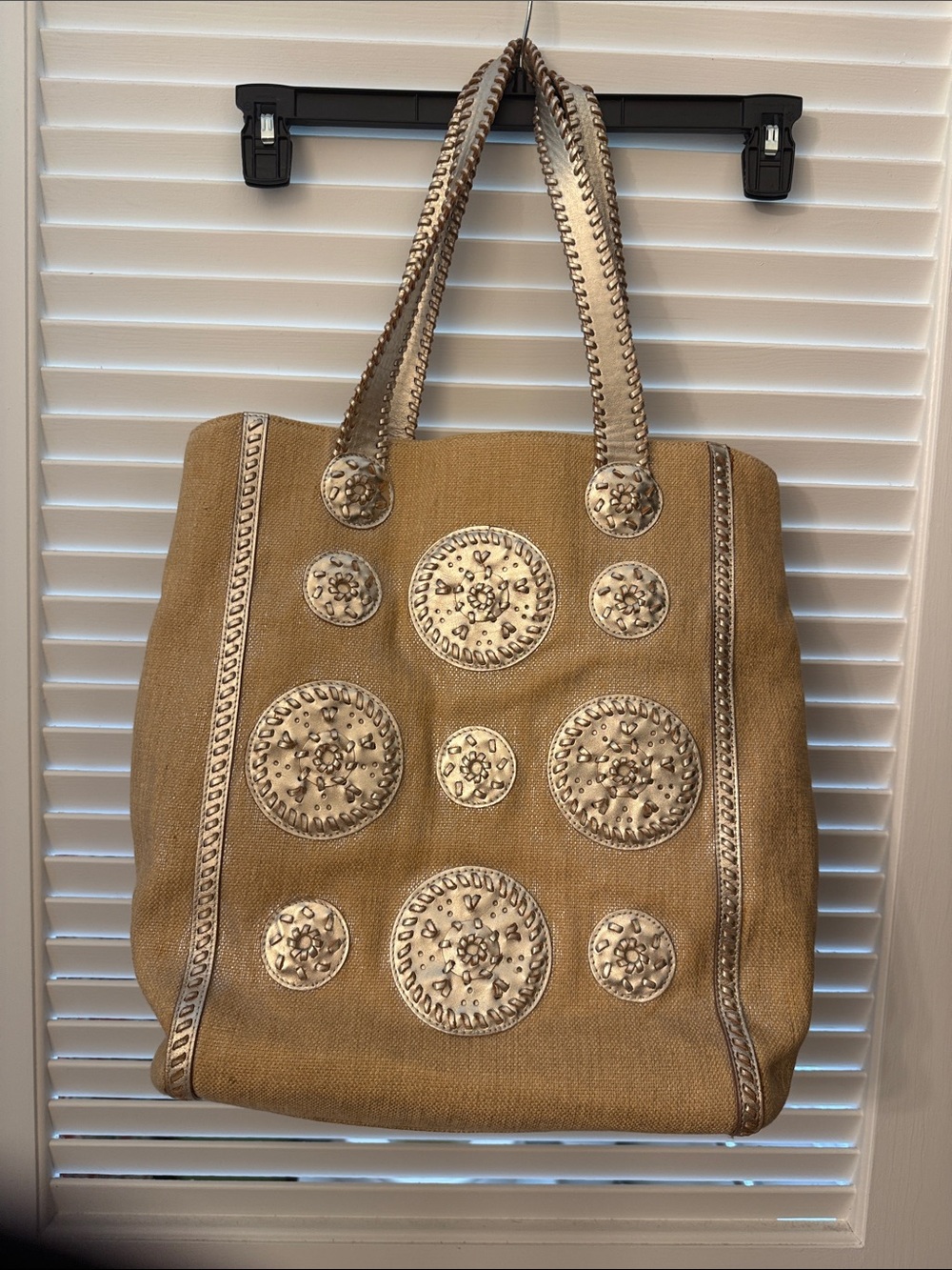 Jack Rogers Tan Canvas Tote with Metallic Medallion Accents